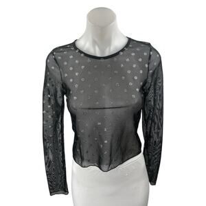 Topshop Black Mesh Glitter Polka Dot Long Sleeve Sheer Crop Cover Up Shirt Top 6